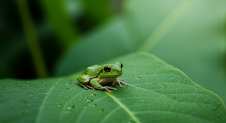 Obraz premium Close-up of a serene green tree frog perched on a vibrant green leaf