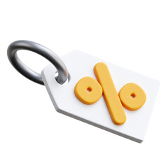 White Discount Tag with Orange Percentage Symbol and Silver Metal Ring Floating Isolated on...
