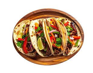 Delicious tacos on a wooden plate