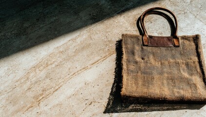 Natural jute tote bag on a light beige surface.