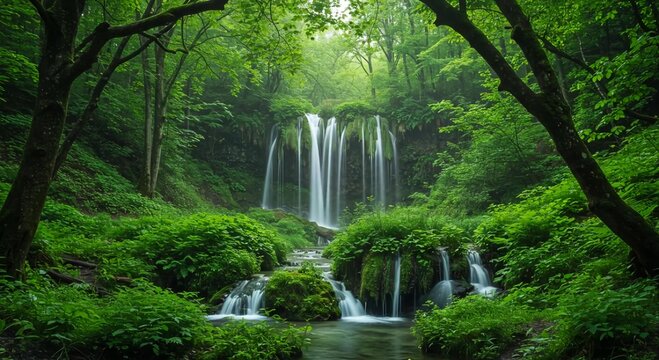 Panoramic Forest: Multiple Cascade Falls Amidst Lush Fern Groves
