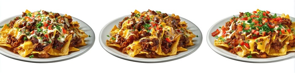 Three plates of cheesy beef nachos