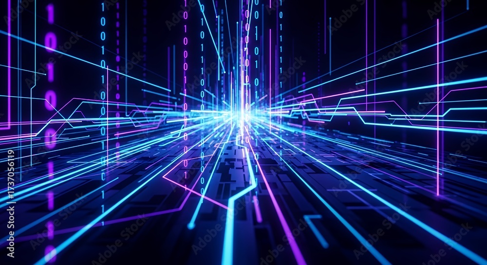 Wall mural abstract digital space with glowing blue and purple lines and binary code streams creating a futuris