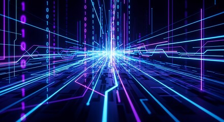 Abstract digital space with glowing blue and purple lines and binary code streams creating a futuristic perspective, concept for network communication, data processing and artificial intelligence