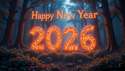 A magical forest scene with happy new year 2026 glowing in the center