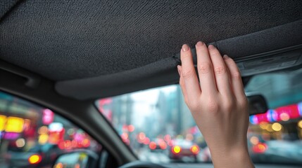 Naklejka premium Woman's Hand Touches Car Roof In Rainy City