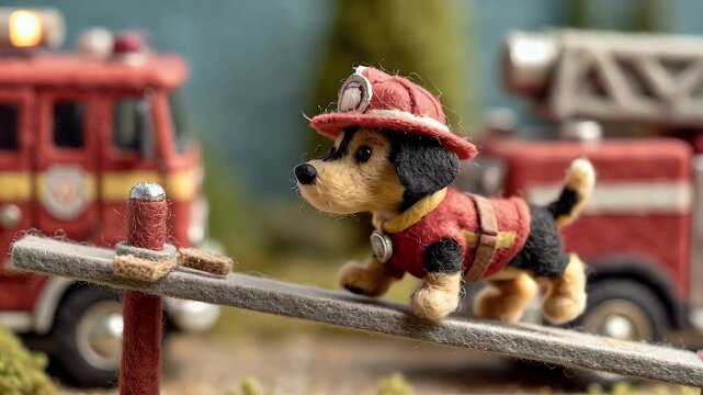 Miniature firefighter dog balancing on plank beside fire trucks