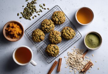 Green tea oatmeal cookies, pumpkin seeds, and spices on a light gray surface