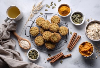 Freshly baked pumpkin oatmeal cookies on a wire rack, surrounded by ingredients