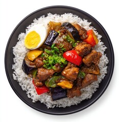 Bowl of rice topped with savory meat and vegetables