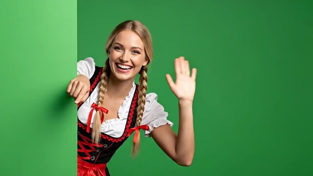 Blonde woman in dirndl smiles and waves from behind a green blank sign.