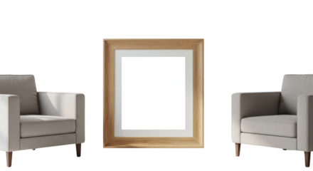Empty wooden picture frame between two grey armchairs featuring frame, picture, photo, wooden, wood minimalist concept