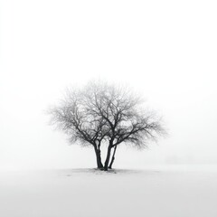 Solitary tree in a white, misty landscape