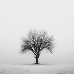 Solitary tree in a misty landscape