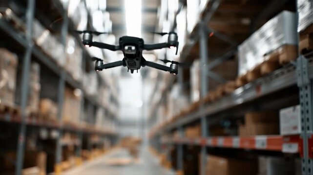 Medium shot of a drone scanning warehouse shelves main object sharp with blurred background highlighting automated stock tracking technology in action.