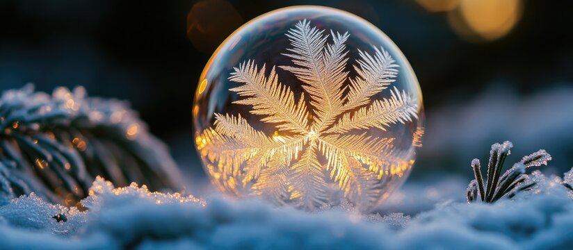 Frozen soap bubble with snowflake pattern on snow - Powered by Adobe