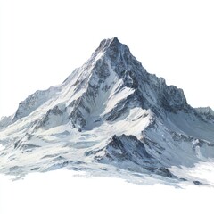 Snowy mountain peak against a white background.  A majestic, snow-capped mountain, angled slightly, dominates the image.  Vast expanse of white snow,  dramatic peak, rugged terrain