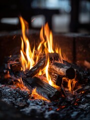 Bright flames leap from charred wood, creating a warm atmosphere in a fire pit, as sparks rise into the cool evening air and surround the glowing ashes.