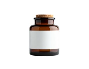 Amber glass jar with cork stopper and blank label