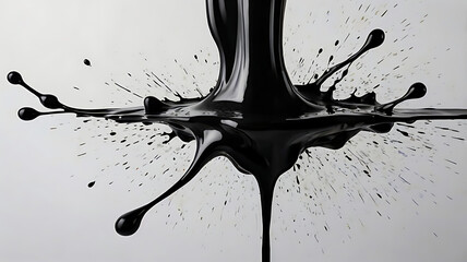 Heavy, dripping black ink violently splattering across a stark white canvas, with visible, aggressive brush strokes and textures.
