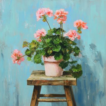 Pink geraniums in terracotta pot on weathered stool against light teal wall