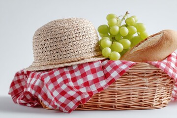Picnic basket with straw hat, grapes, and bread