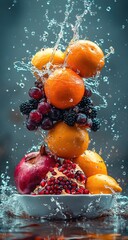 Fruits stack w/ splash oranges, grapes, pomegranates, lemons