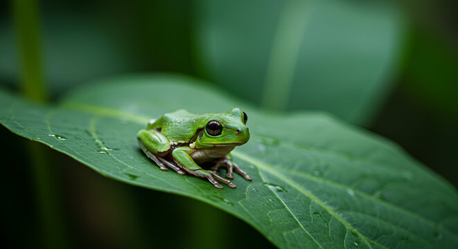 Green tree frog resting on a lush leaf, enjoying the serene rainforest environment