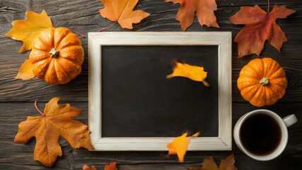 Autumn Tabletop Scene with Blank Chalkboard, Pumpkins, Colorful Leaves, and Coffee Cup for Seasonal Decor 4k video footage