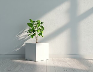 Small plant in white pot against a light wall. Sunlight casts shadows