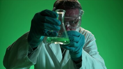 Professional scientist wearing protective lab attire analyzing green chemical liquid in erlenmeyer flask against chroma key background, showcasing precise scientific research methodology - Powered by Adobe