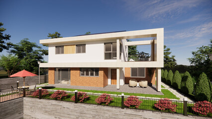 3d illustration modern house with garden