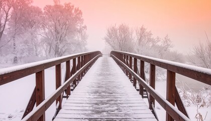 Winter bridge scene with snow, trees, and hazy pink sky