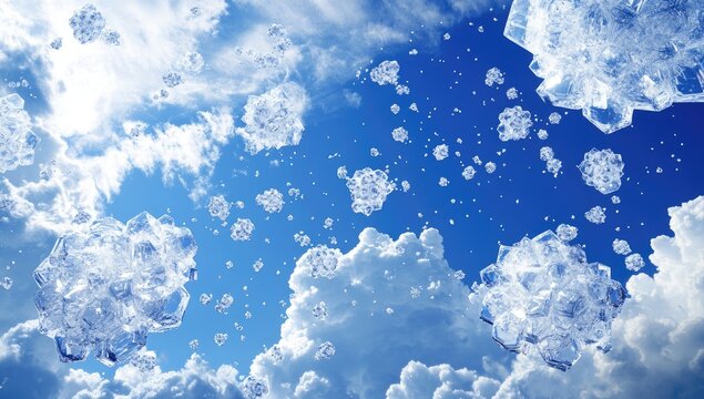 Crystal spheres float in blue, partly cloudy sky