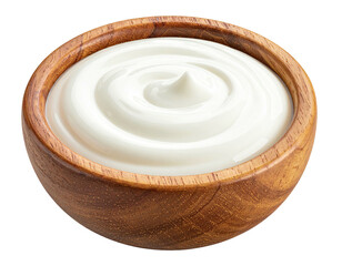Creamy yogurt in a wooden bowl