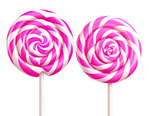 Two pink and white swirl lollipops on sticks