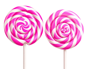 Two pink and white swirl lollipops on sticks