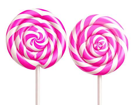 Two pink and white swirl lollipops on sticks