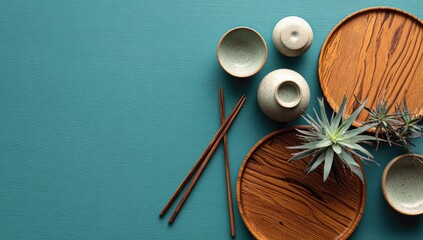Wooden plates, ceramic bowls, and chopsticks on teal background.  A top-down view of simple tableware and a small plant, creating a minimalist and calm aesthetic