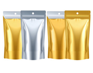 Three foil pouches in gold, silver, and gold, arranged horizontally
