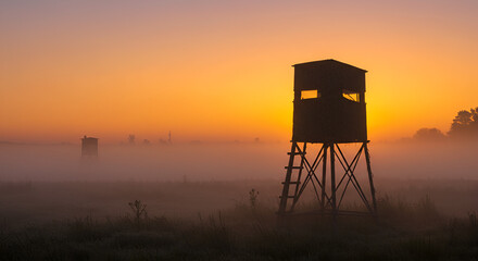 Silhouette of a deer stand at sunrise surrounded by thick fog in countryside