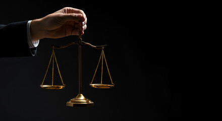 Symbol of Justice: Hand Holding Scales Against a Dark Background