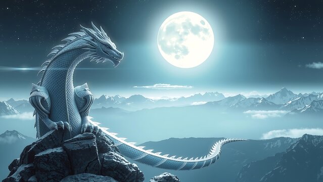 A majestic dragon perches atop a rocky peak, gazing at a luminous full moon against a starry sky.