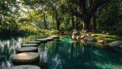 Tranquil pathway through a lush forest, leading across a serene pool. Sunlight filters through trees