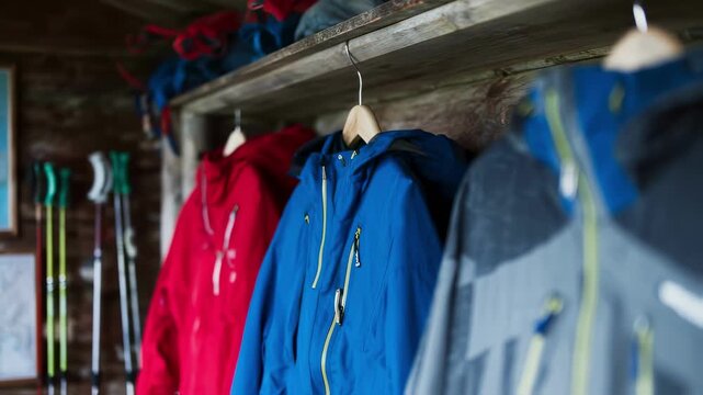 Summer hiking cabin display emphasizing waterproof jackets in sharp detail with outoffocus hiking sticks and maps behind.