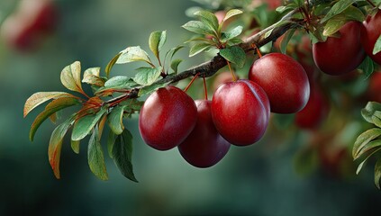Close-up of ripe, reddish-purple fruit cluster on a tree branch with leaves, blurred background