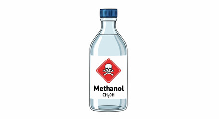 A clear glass bottle of methanol labeled with its chemical formula and a skull and crossbones warning symbol indicating its toxicity