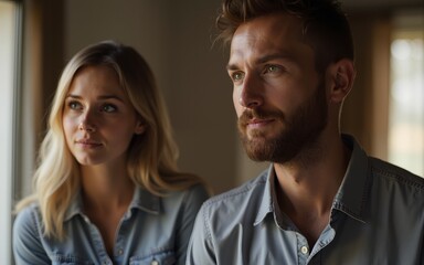 Man looking ahead with defocused wife. High quality