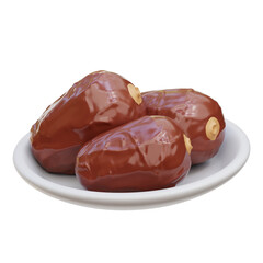 Three Glossy Brown Dates on White Plate Isolated on Transparent Background