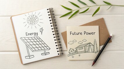 Solar Energy Concept Sketch with Green Elements for Sustainable Future Power Plans and Renewable Energy Solutions